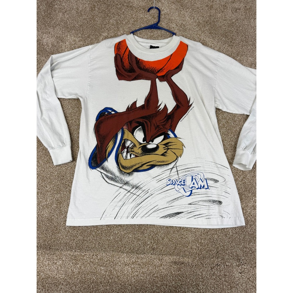 Vintage Space Jam Taz Tasmanian Devil Long Sleeve‎ T-Shirt White 90s Movie L VTG